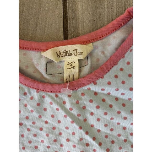 Matilda Jane Girls Polka Dot Long Sleeve Shirt w/ Pink Ruffle Hem Detail Size 4 - Picture 2 of 3